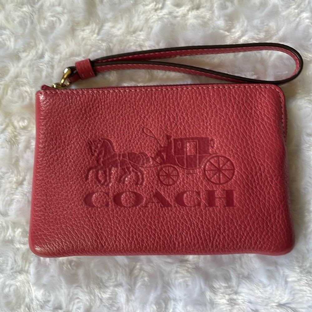 Coach Leather Corner Zip Wristlet Wallet, Strawberry Haze
